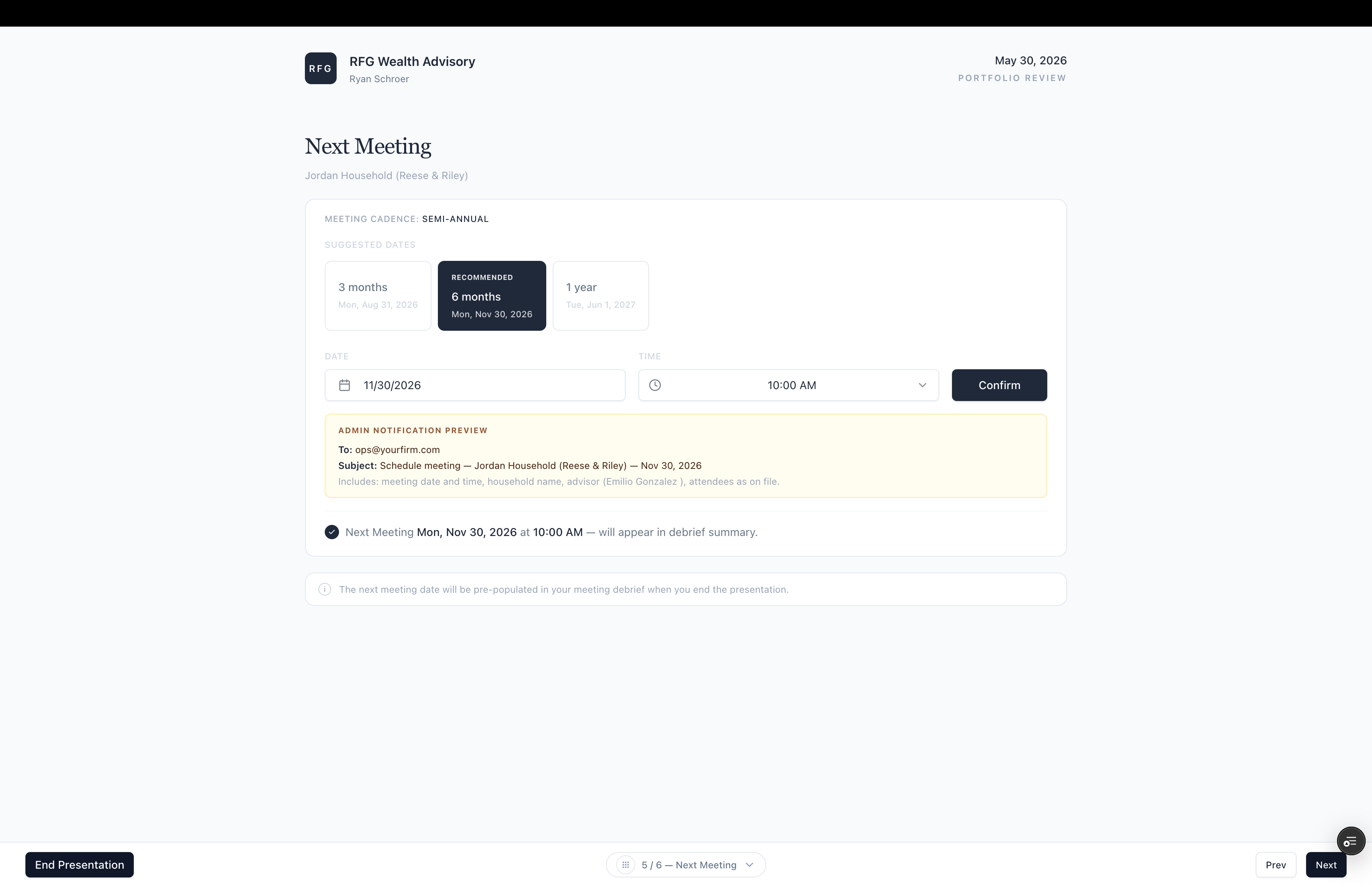RFG next meeting scheduling within the presentation