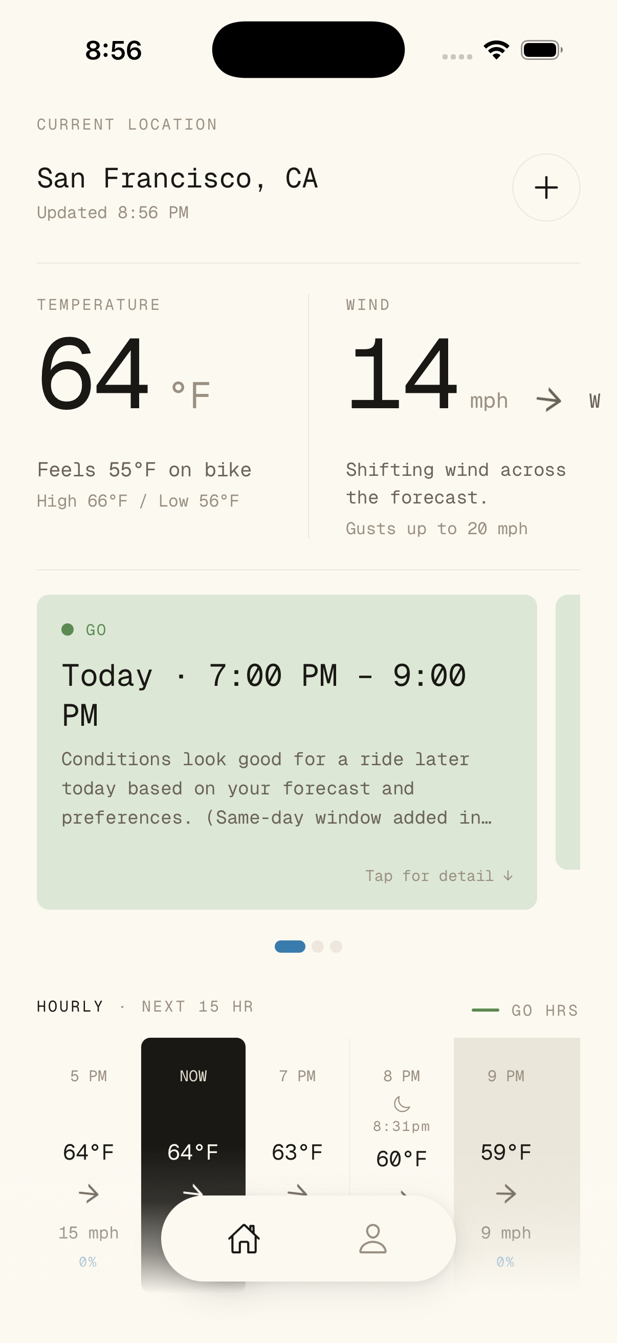VeloVane dashboard with GO ride window