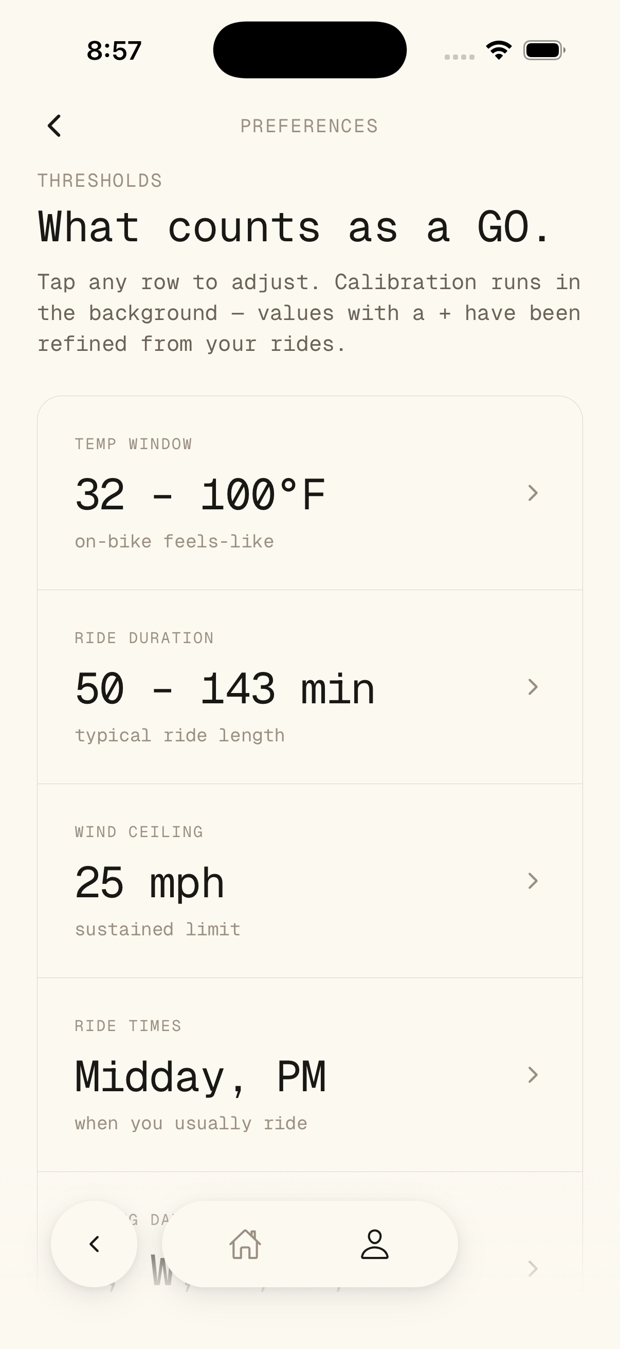 VeloVane preferences — what counts as a GO